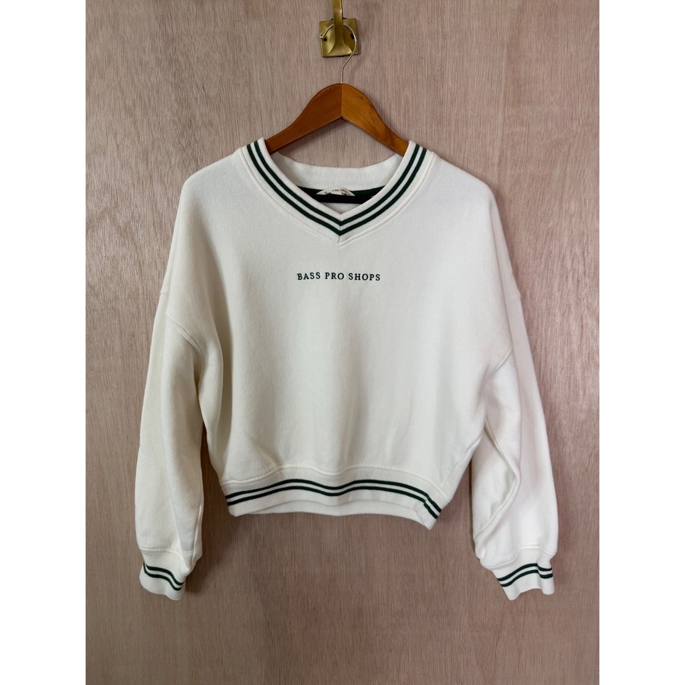 Bass Pro Shops Women Cropped V-Neck Sweatshirt Cream Green Striped Pullover